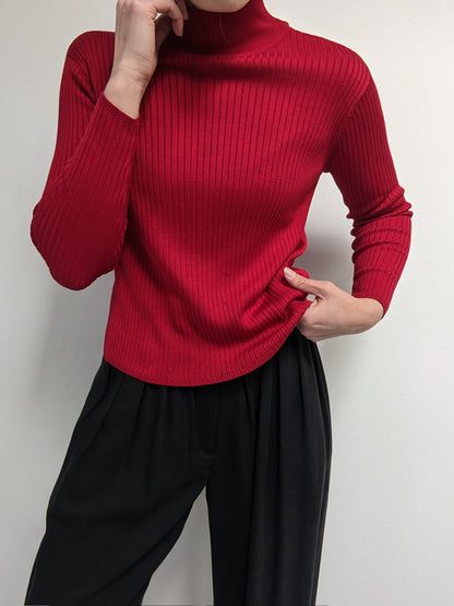 Vintage Crimson Ribbed Silk Mock Neck