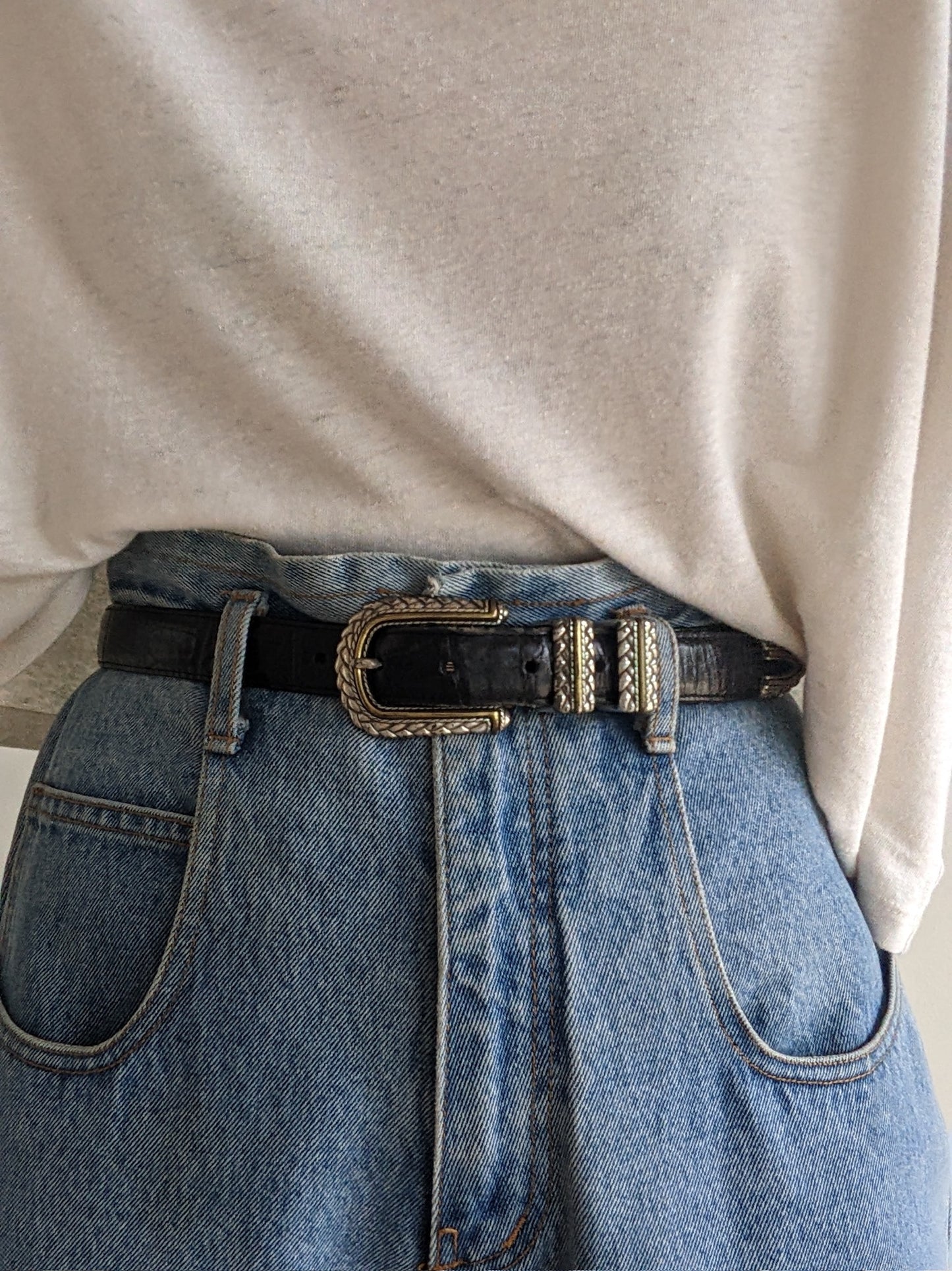 Vintage Black Embossed Leather Belt