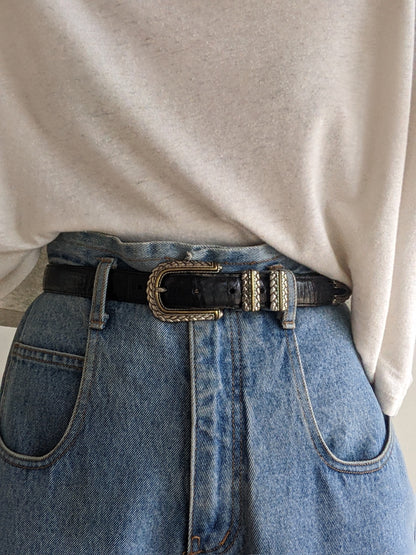 Vintage Black Embossed Leather Belt