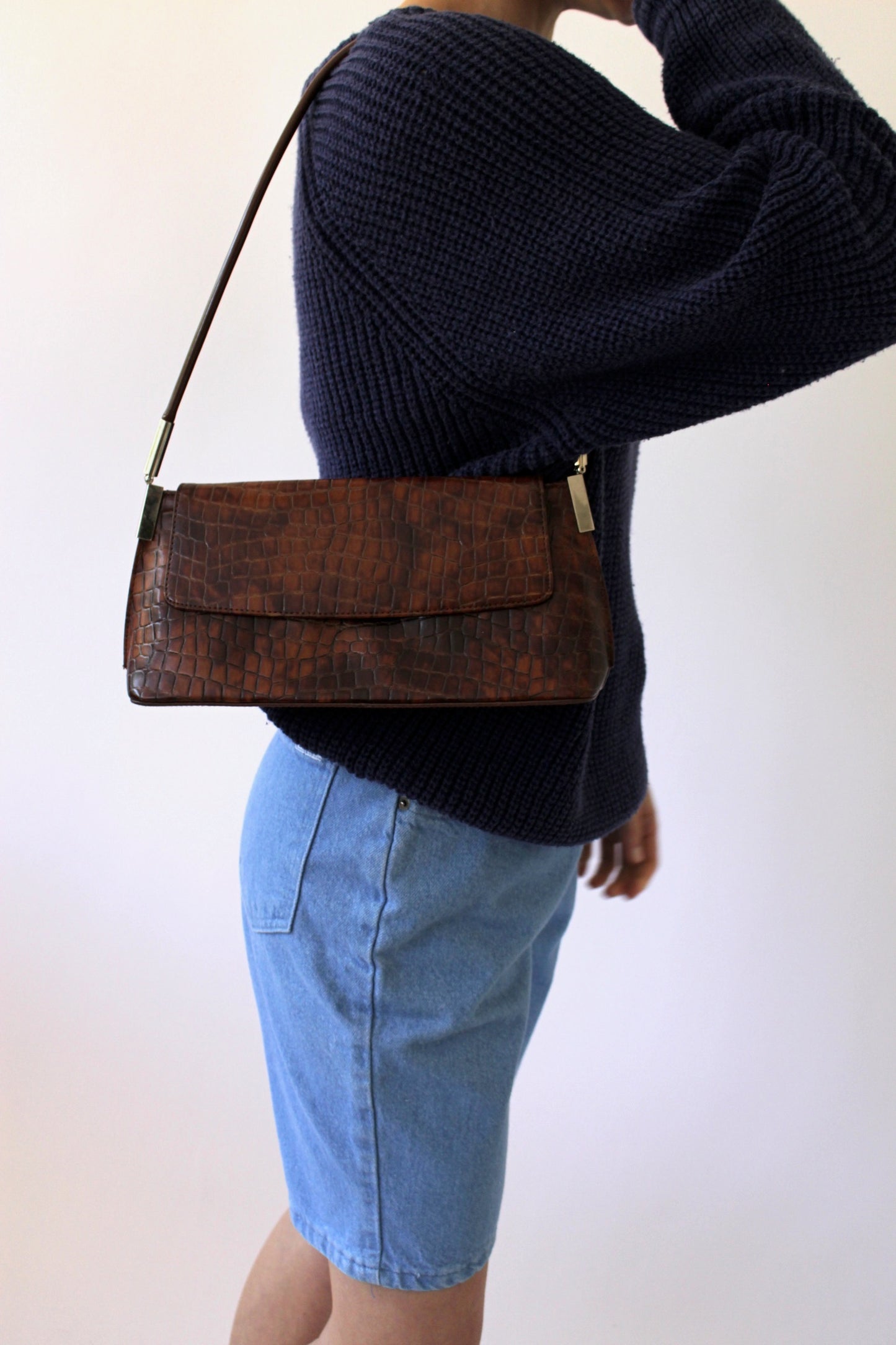 90s Croc-Embossed Leather Shoulder Bag
