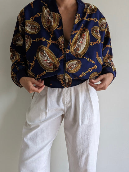 Vintage Equestrian Print Bomber Jacket