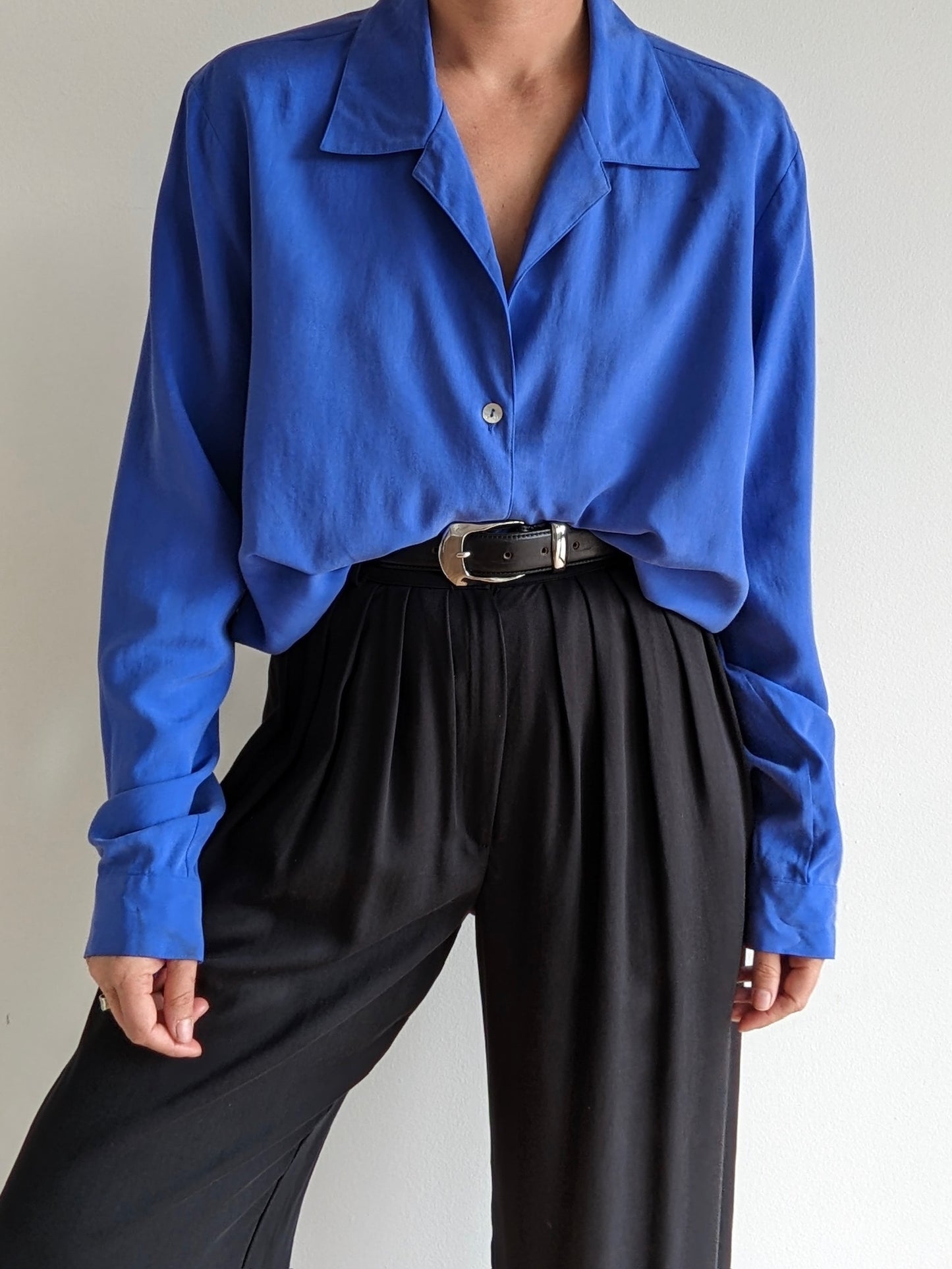 Vintage Lapis Silk Drawstring Blouse