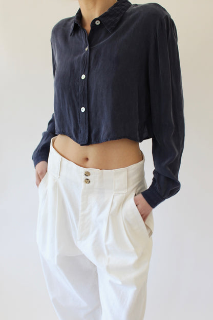 90s Navy Sueded Crop Blouse