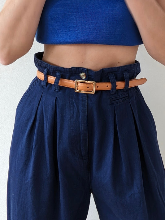 Vintage Navy Pleated Cotton Trousers