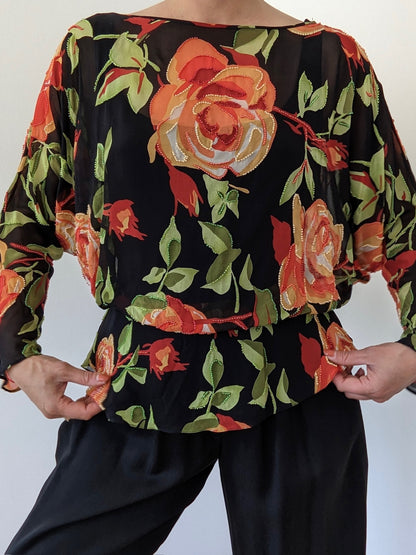 Incredible Vintage Embellished Floral Dolman Silk Blouse