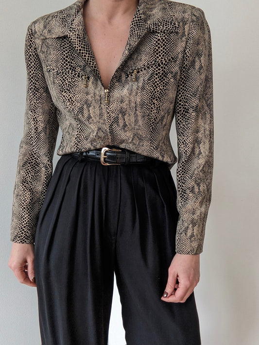 Vintage Snake-Print Silk Crop Jacket
