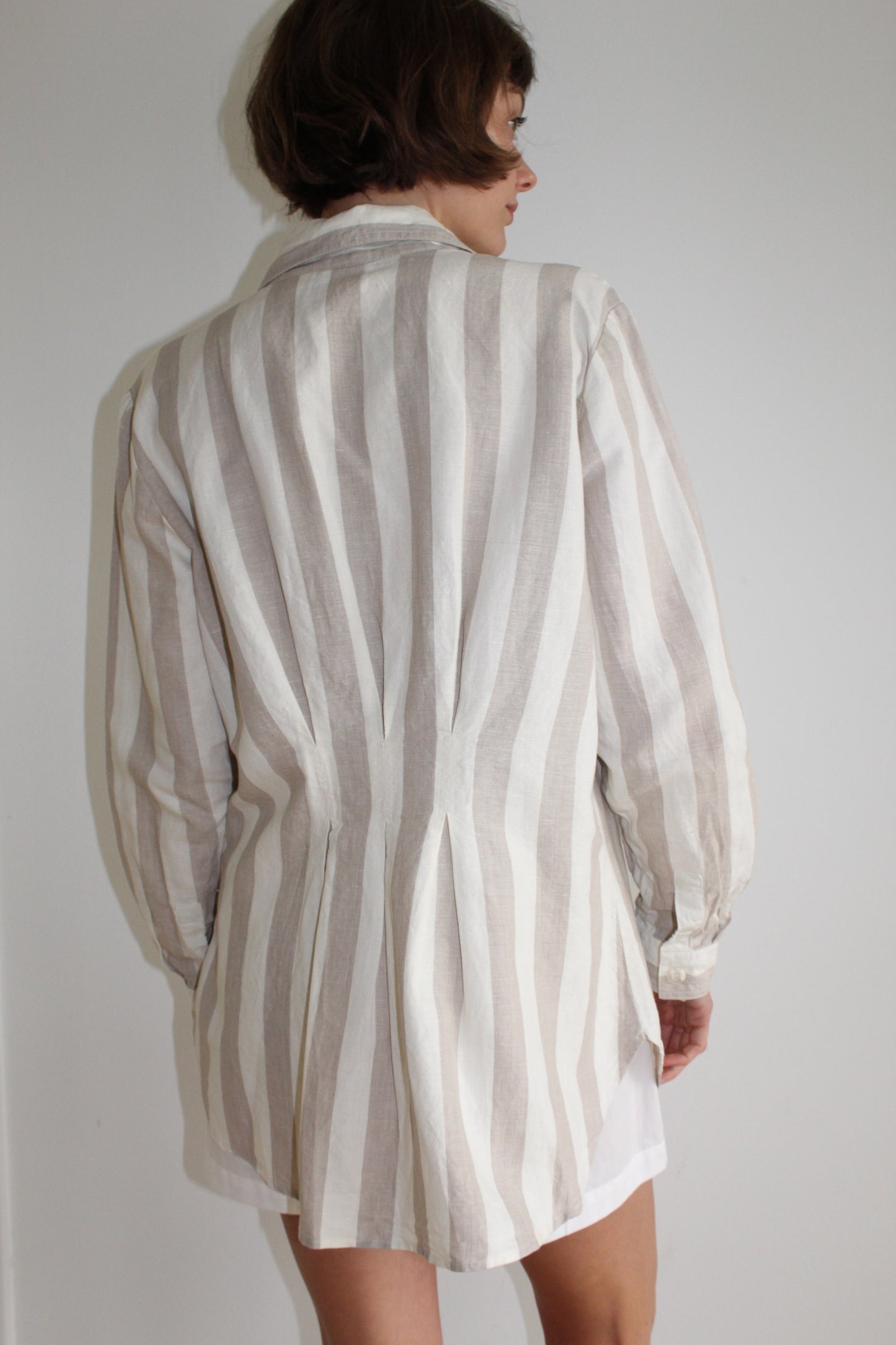 Vintage Striped Linen Pleated-Back Button Up