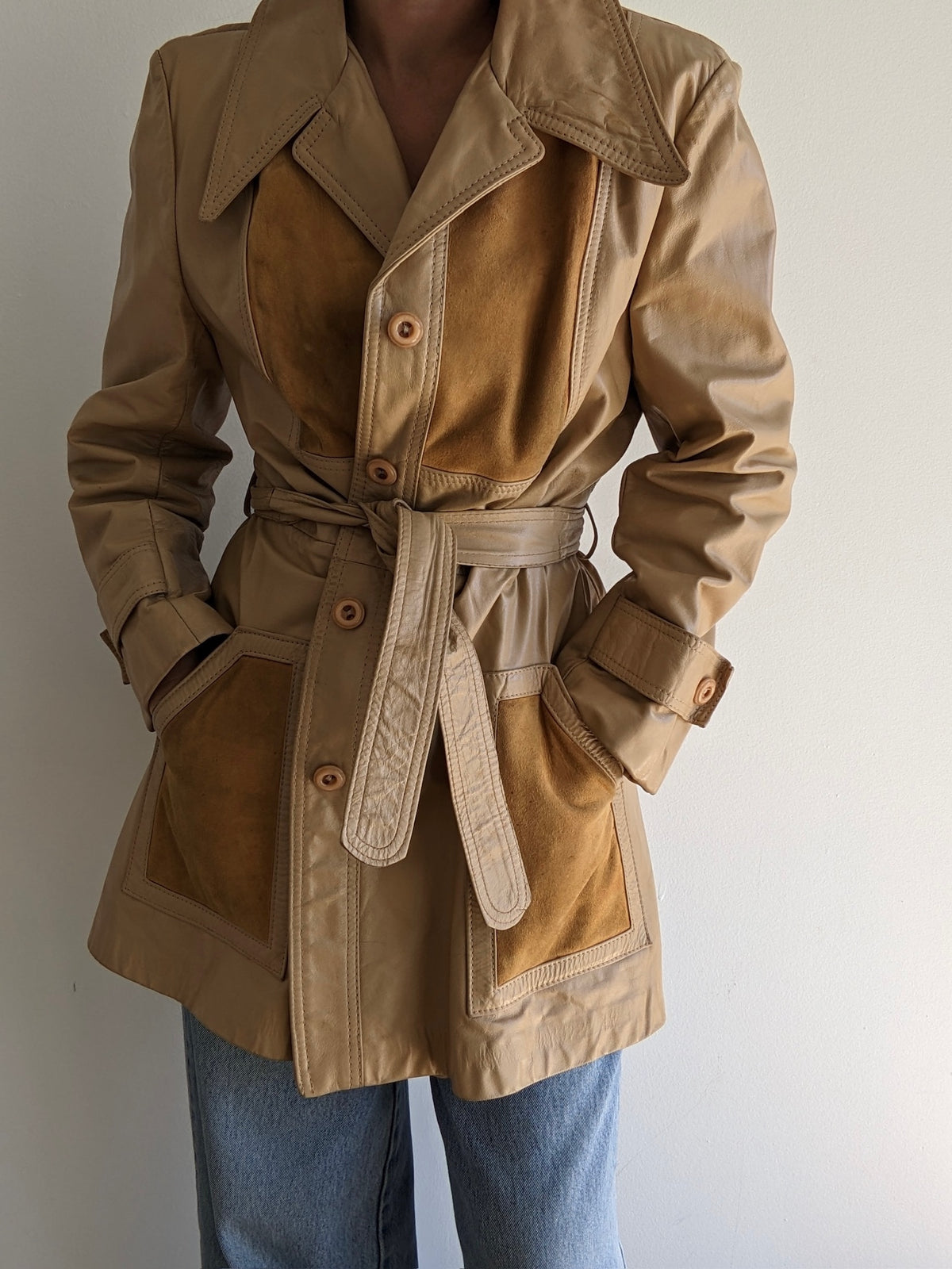 Incredible Vintage Biscotti Leather & Suede Belted Jacket