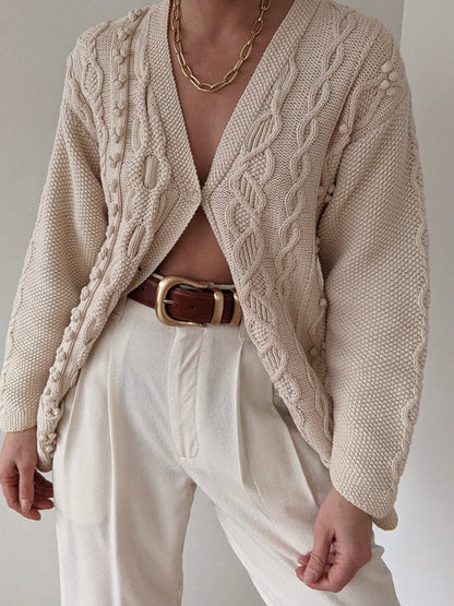 Vintage Cream Cotton & Wool Patterned Cardigan