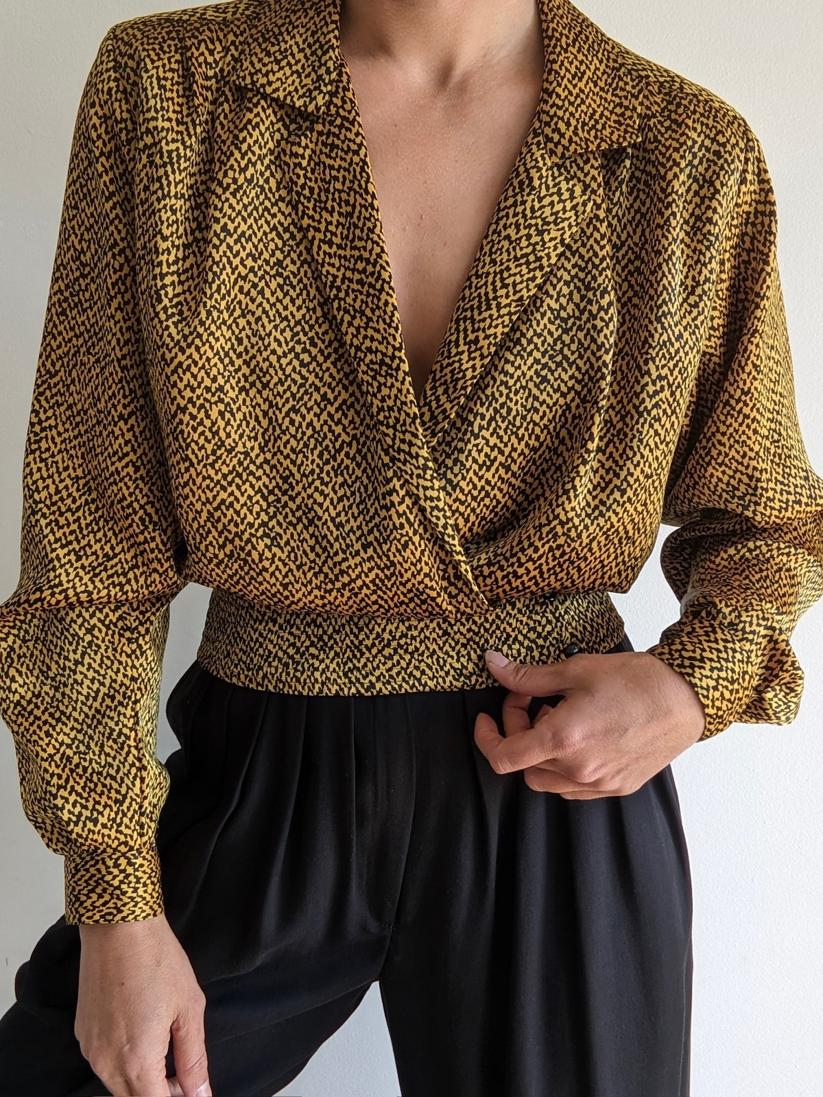 Vintage Patterned Satin Low-Cut Blouse