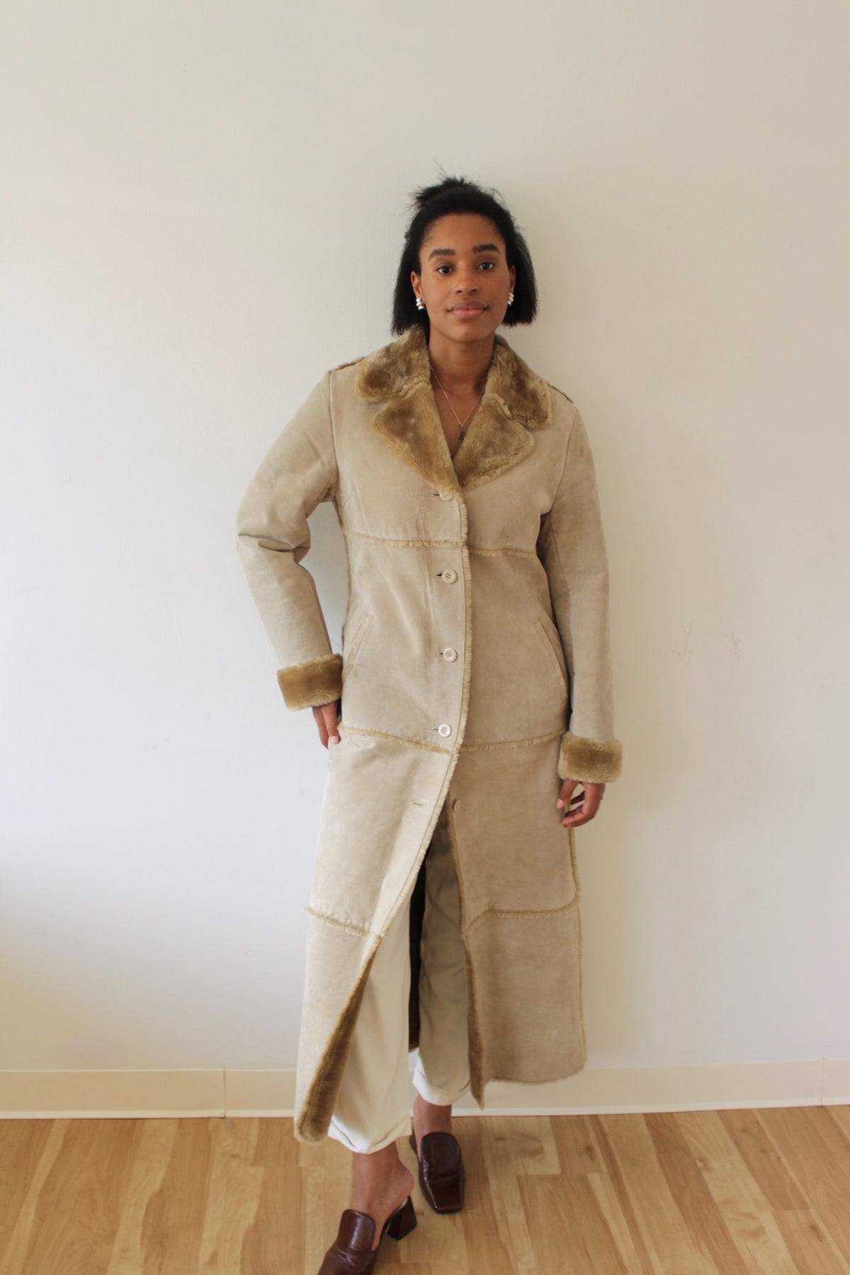 Vintage Sand Suede & Faux Fur Lined Coat
