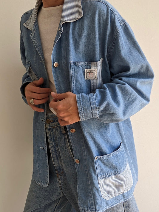 Vintage Railroad-Striped Denim Chore Coat