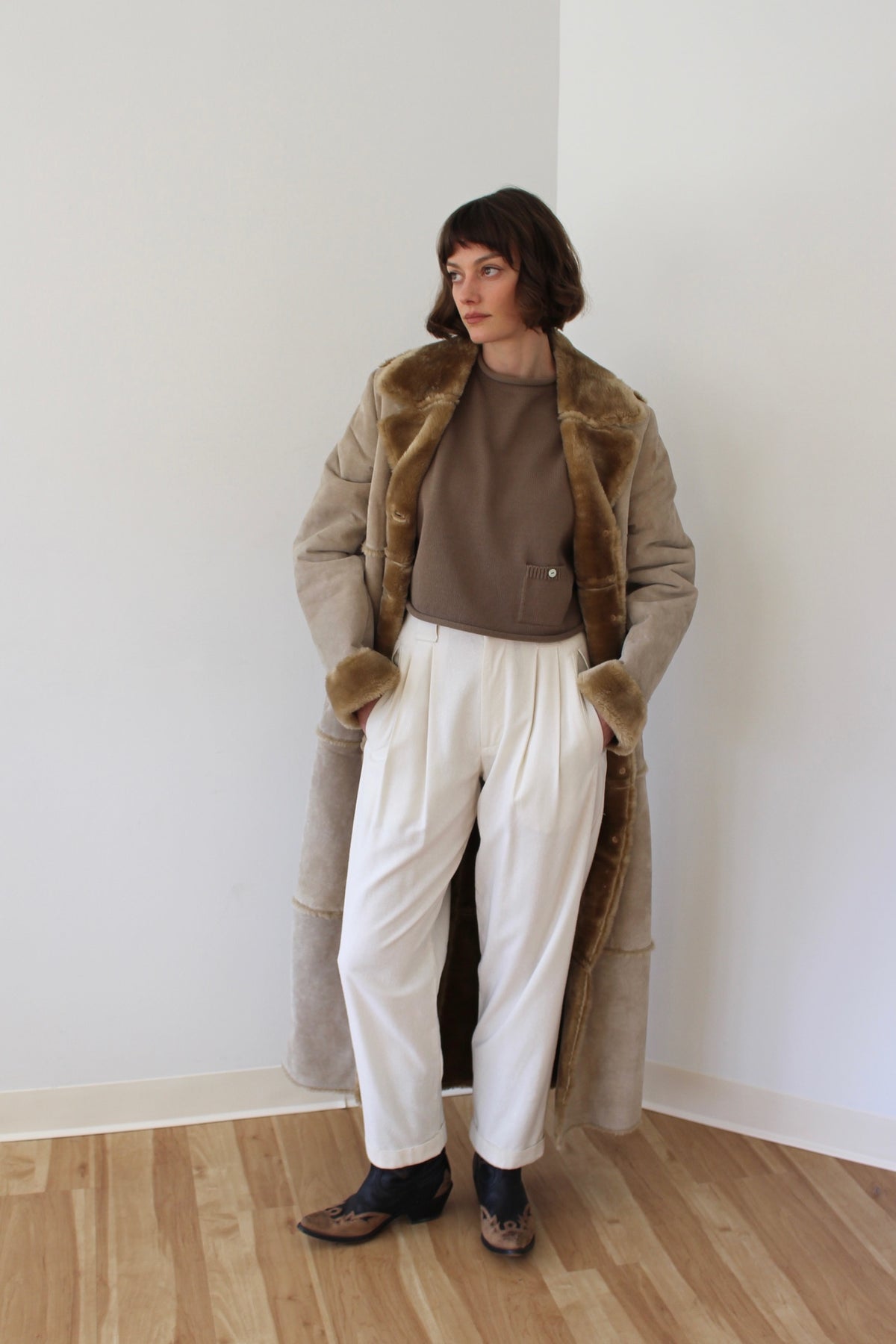 Vintage Sand Suede & Faux Fur Lined Coat