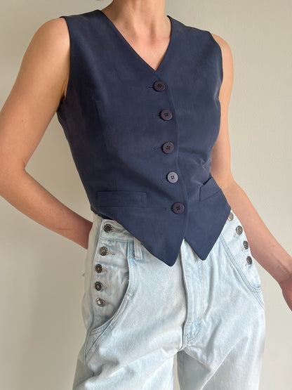 Vintage Navy Cropped Silk Vest