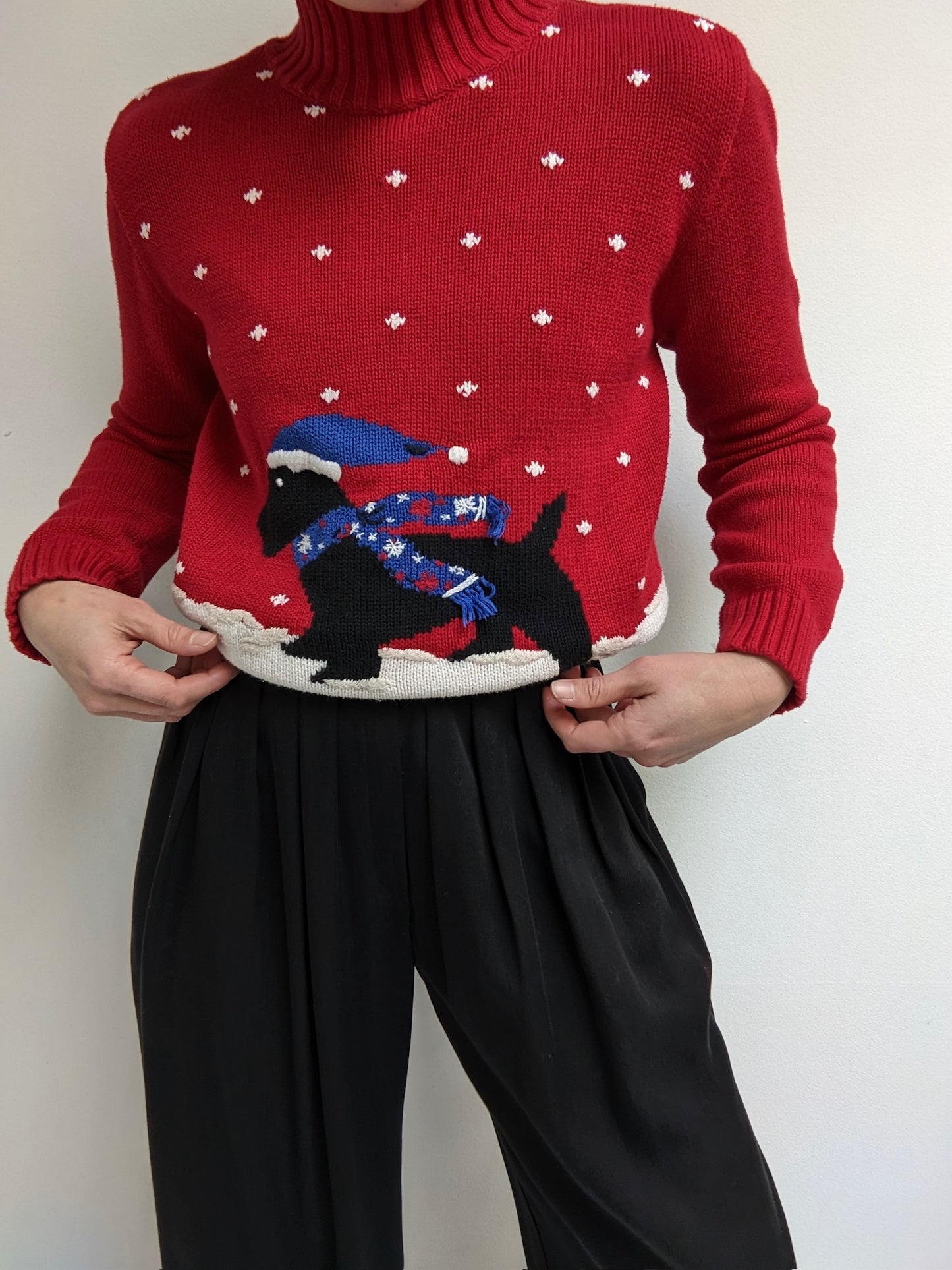 Vintage Winter Dog Embroidered Mock Neck Sweater