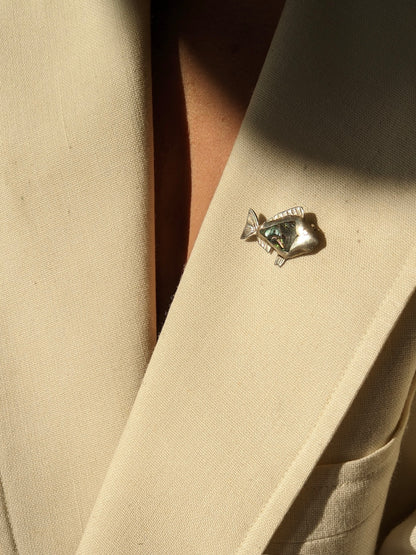 Petite Vintage Sterling Silver & Abalone Fish Brooch