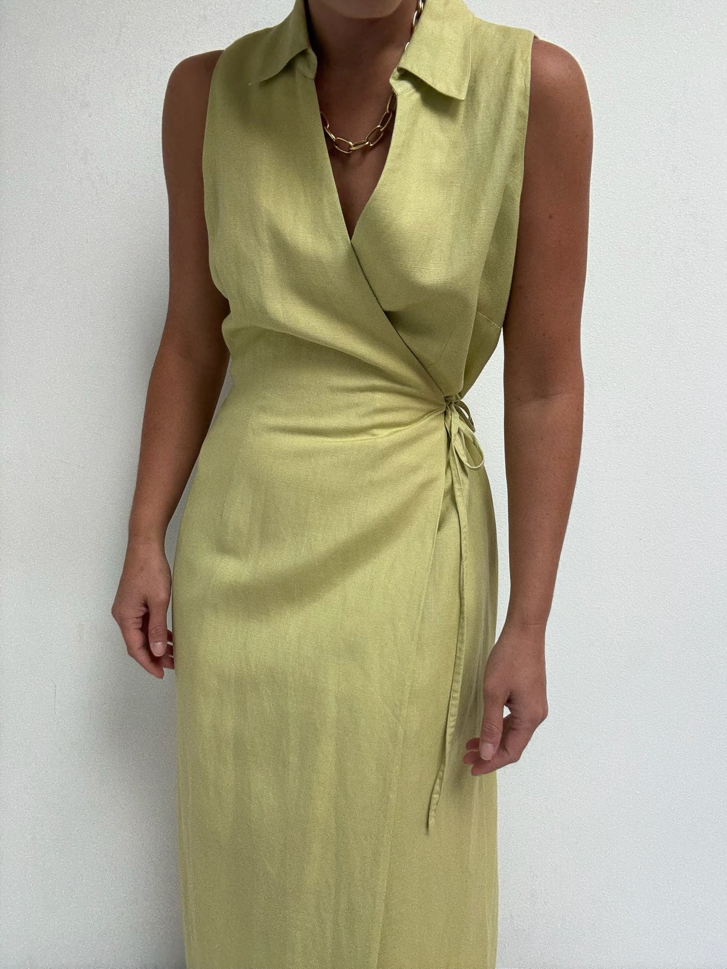 Vintage Avocado Linen Wrap Dress