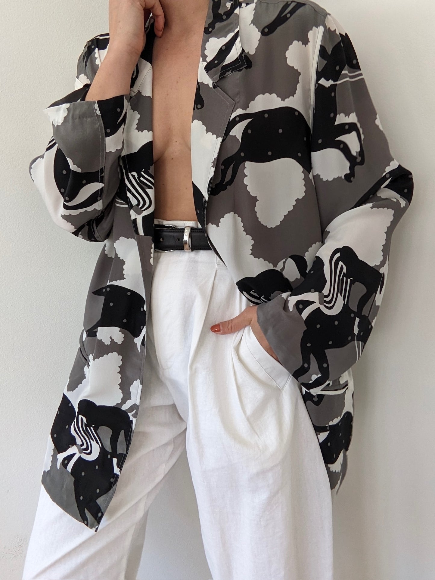 Rare Vintage Equestrian-Themed Silk Open Jacket