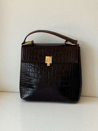Vintage Espresso Croc-Embossed Leather Handbag