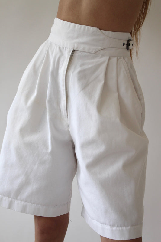 Vintage Eggshell Pleated & Belted Shorts