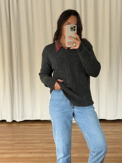 Vintage Charcoal Wool V-Neck Sweater
