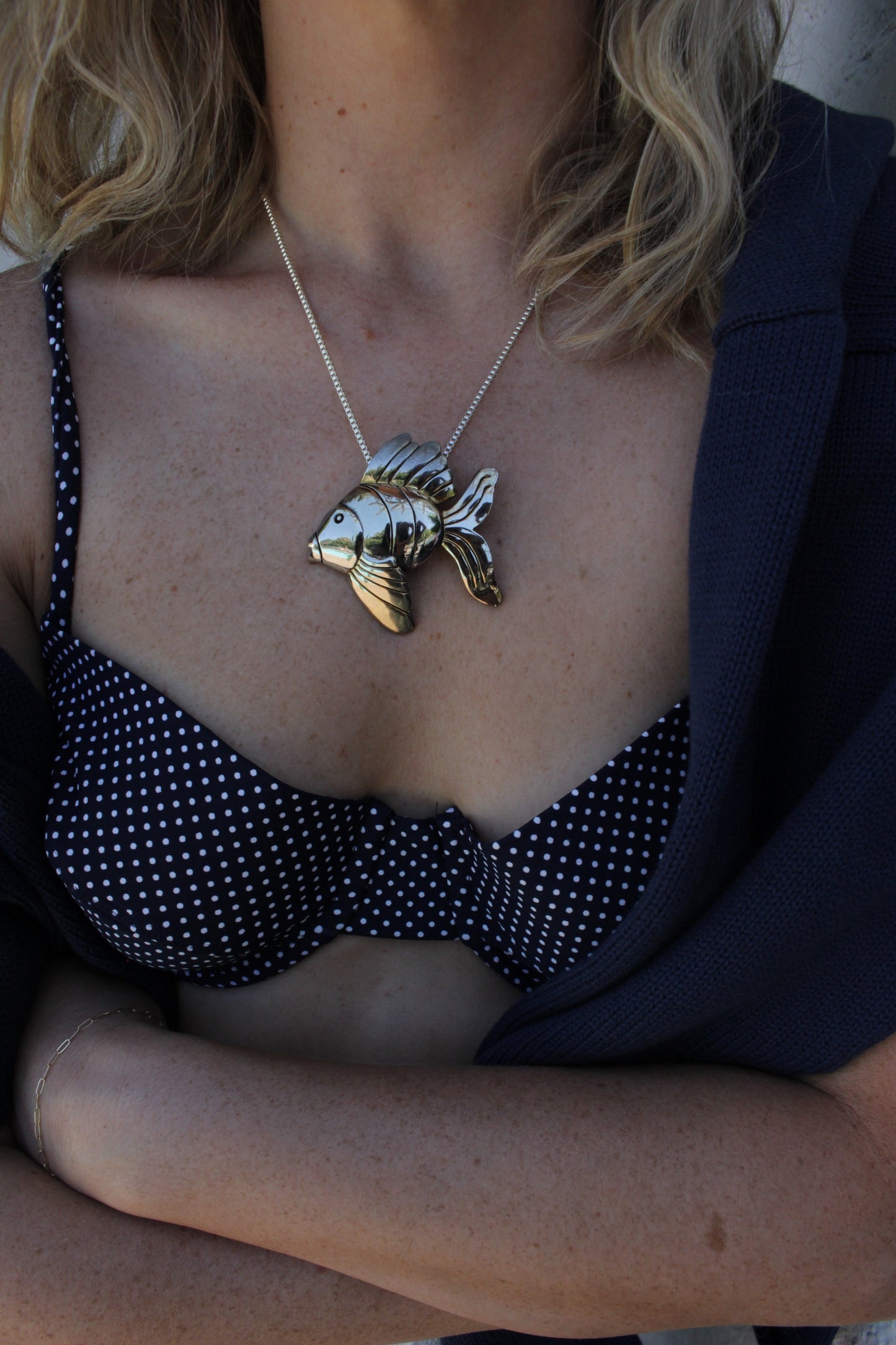 Vintage Sterling Silver Fish Pendant Necklace