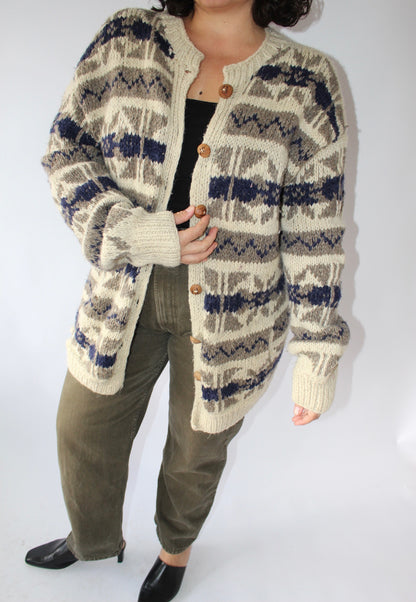 Vintage Hand Knit Patterned Wool Cardigan