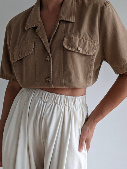 Vintage Camel Cotton Twill Crop Blouse