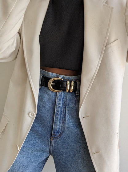 Bold Vintage Black Croc-Embossed Leather Belt