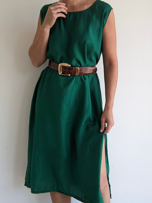 Vintage Emerald Satin Silk Shift Dress