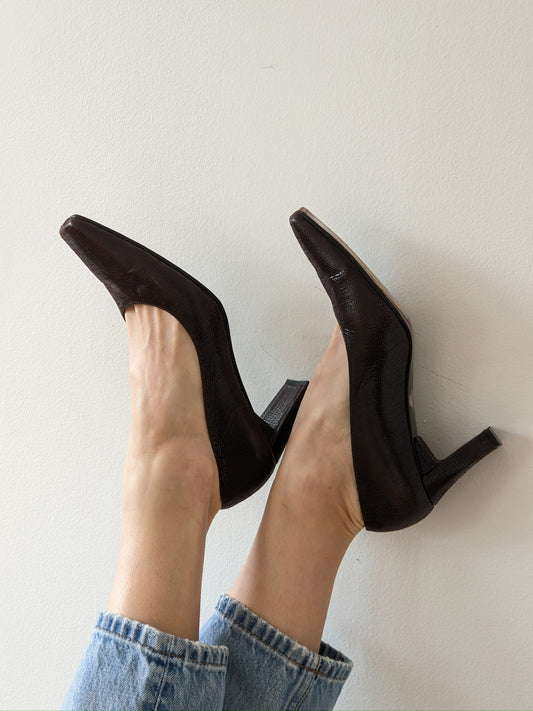 Vintage Stuart Weitzman Espresso Reptile Embossed Leather Pumps