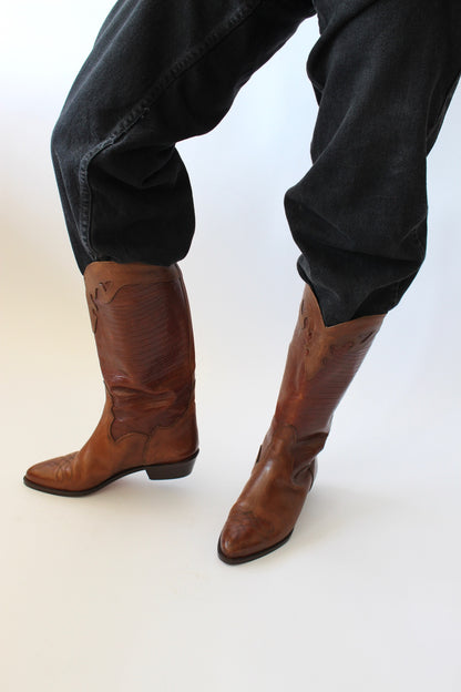 Vintage Cognac Embossed Cowboy Boots