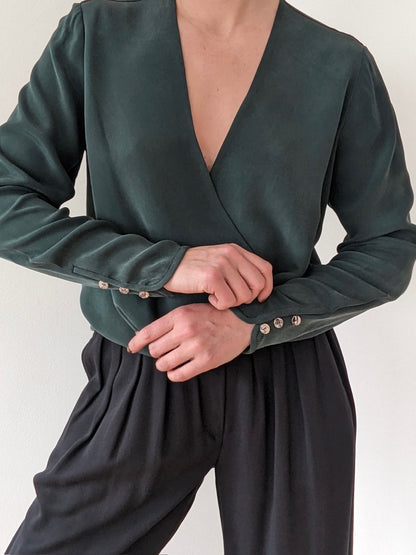 Stunning Vintage Topiary Silk Wrap Blouse