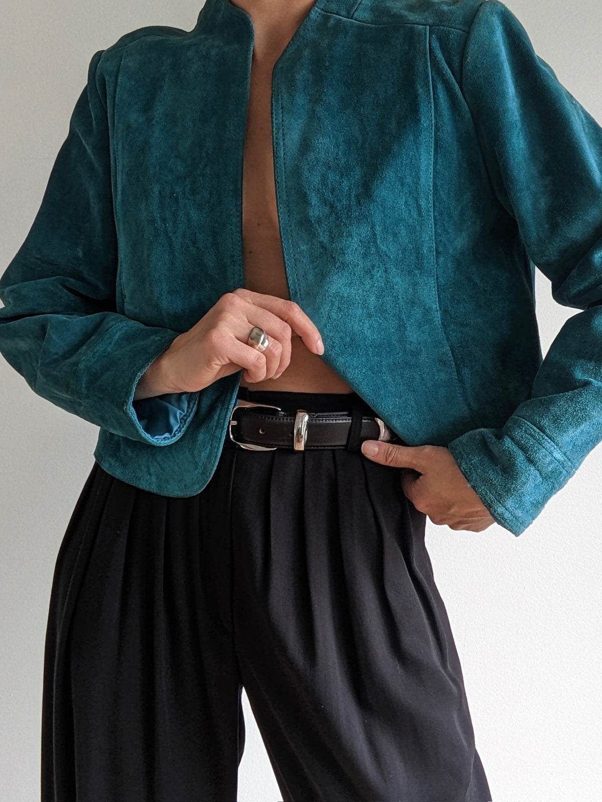 Bold Vintage Turquoise Suede Cropped Jacket