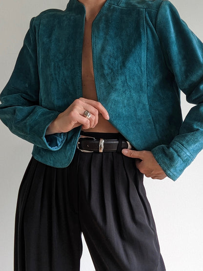 Bold Vintage Turquoise Suede Cropped Jacket