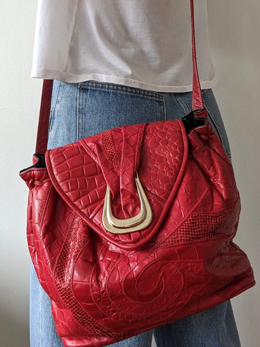 Bold Vintage Embossed Leather & Snakeskin Bucket Bag