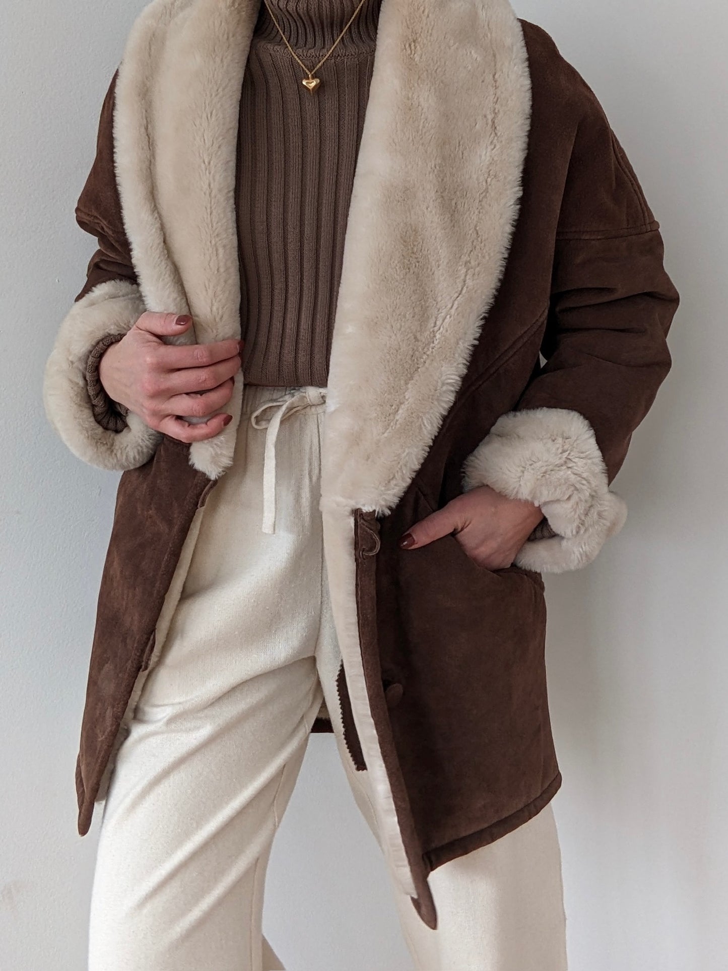 Vintage Walnut Suede & Faux Fur Coat
