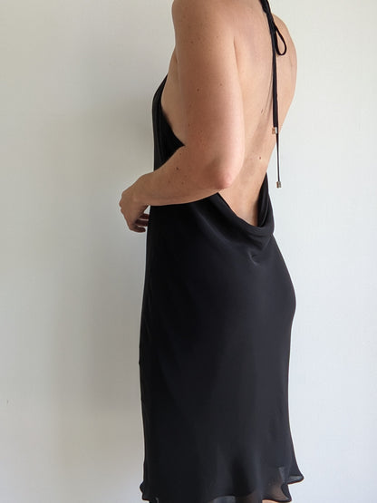 Vintage Ink Black Silk Halter Dress