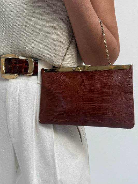 Vintage Cognac Reptile Leather Clutch Bag