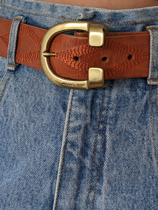 Vintage Michael Kors Stitched Leather & Brass Buckle Belt