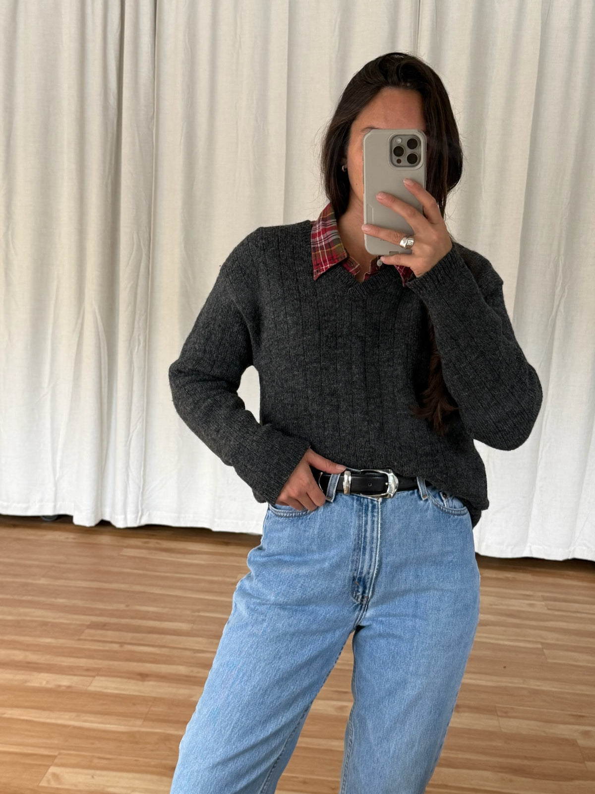 Vintage Charcoal Wool V-Neck Sweater