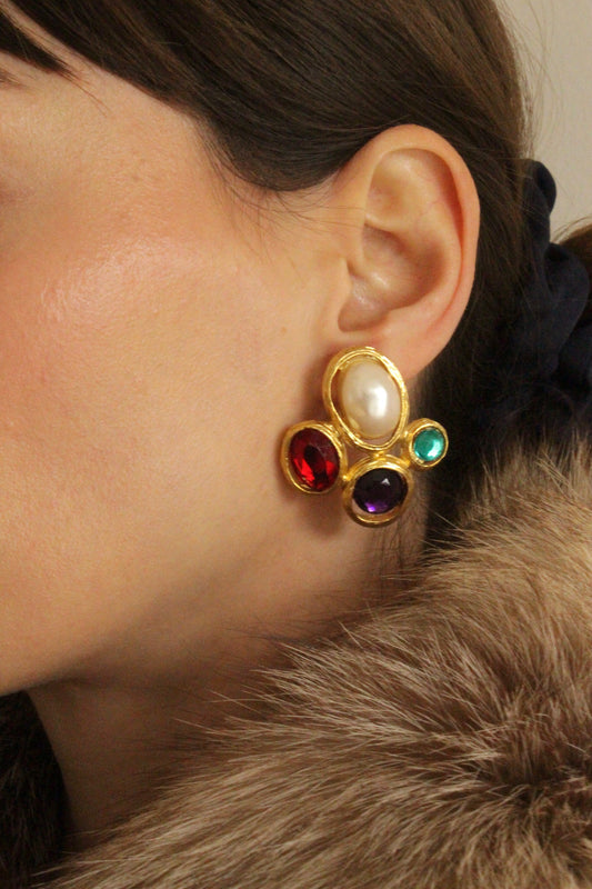 Vintage Faceted Gem & Faux Pearl Earrings