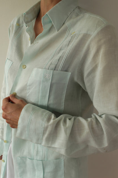 Vintage Oscar de la Renta Aqua Linen Button Up