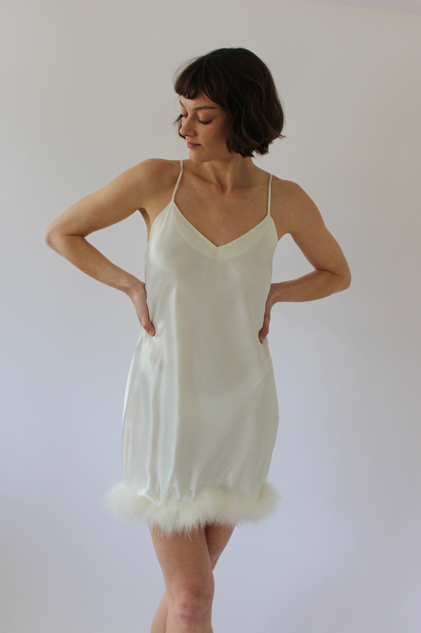 Vintage Satin Faux-Fur Trim Slip Dress