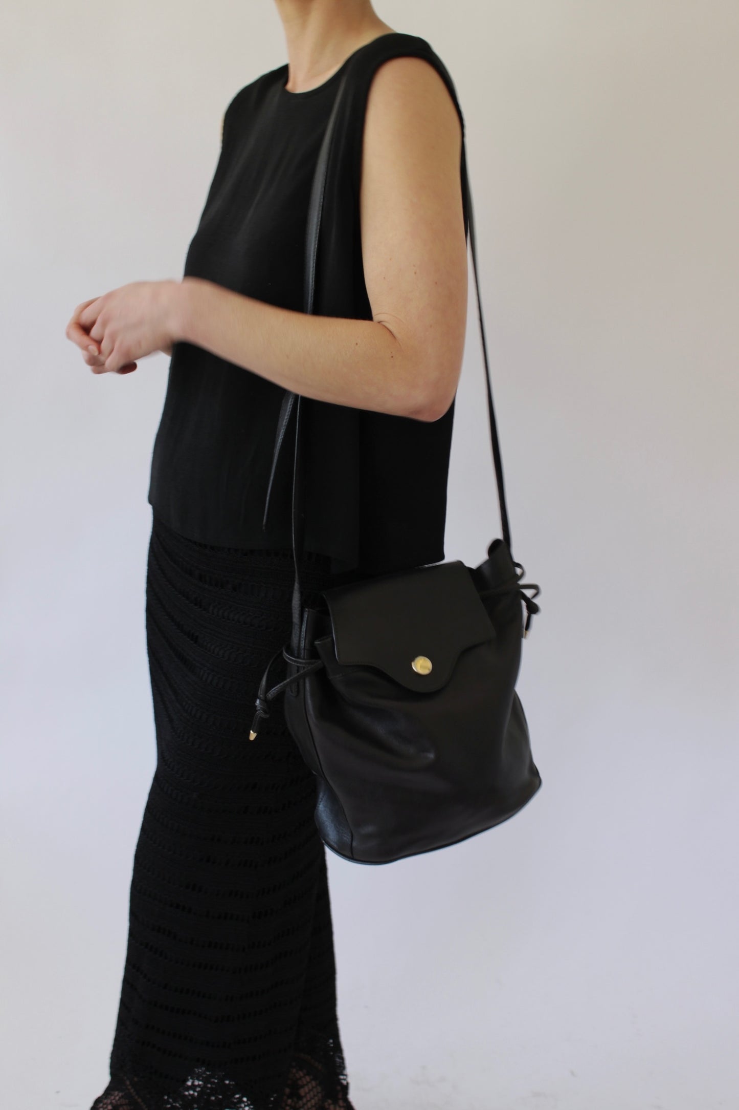 Vintage Movado Onyx Leather Bucket Bag
