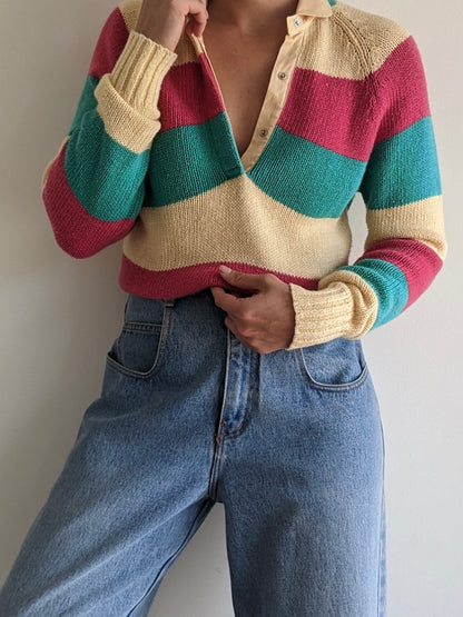 Vintage Wide Striped Snap Henley