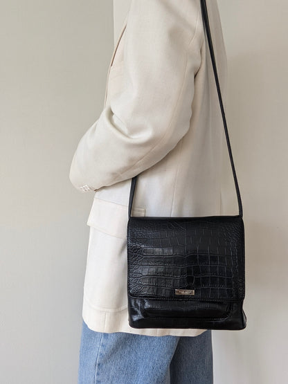 90s Nine West Ink Black Embossed Vegan Leather Bag