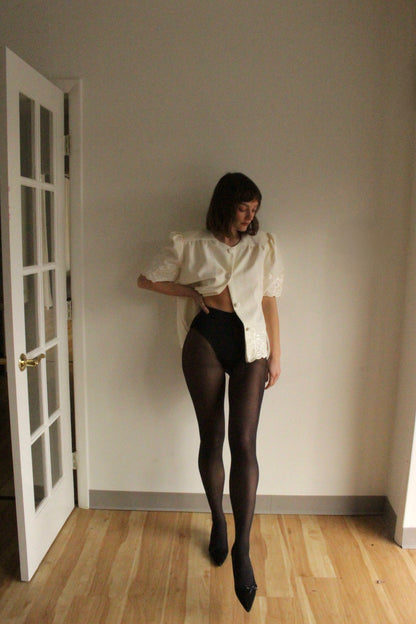 Vintage Ivory Embroidered Puffed Sleeve Blouse