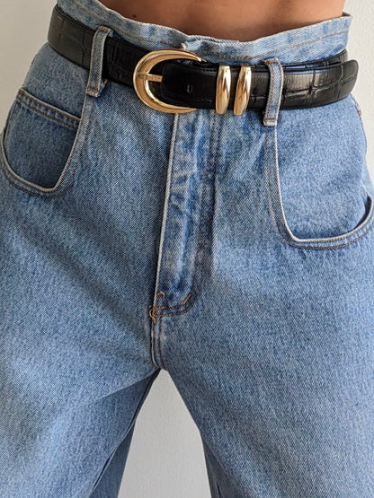 Bold Vintage Black Croc-Embossed Leather Belt