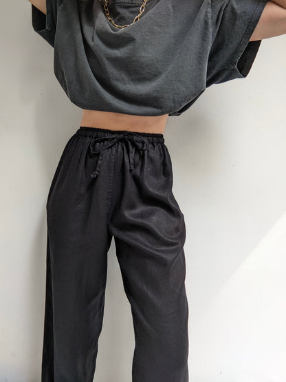 Vintage Black Linen Drawstring Pants